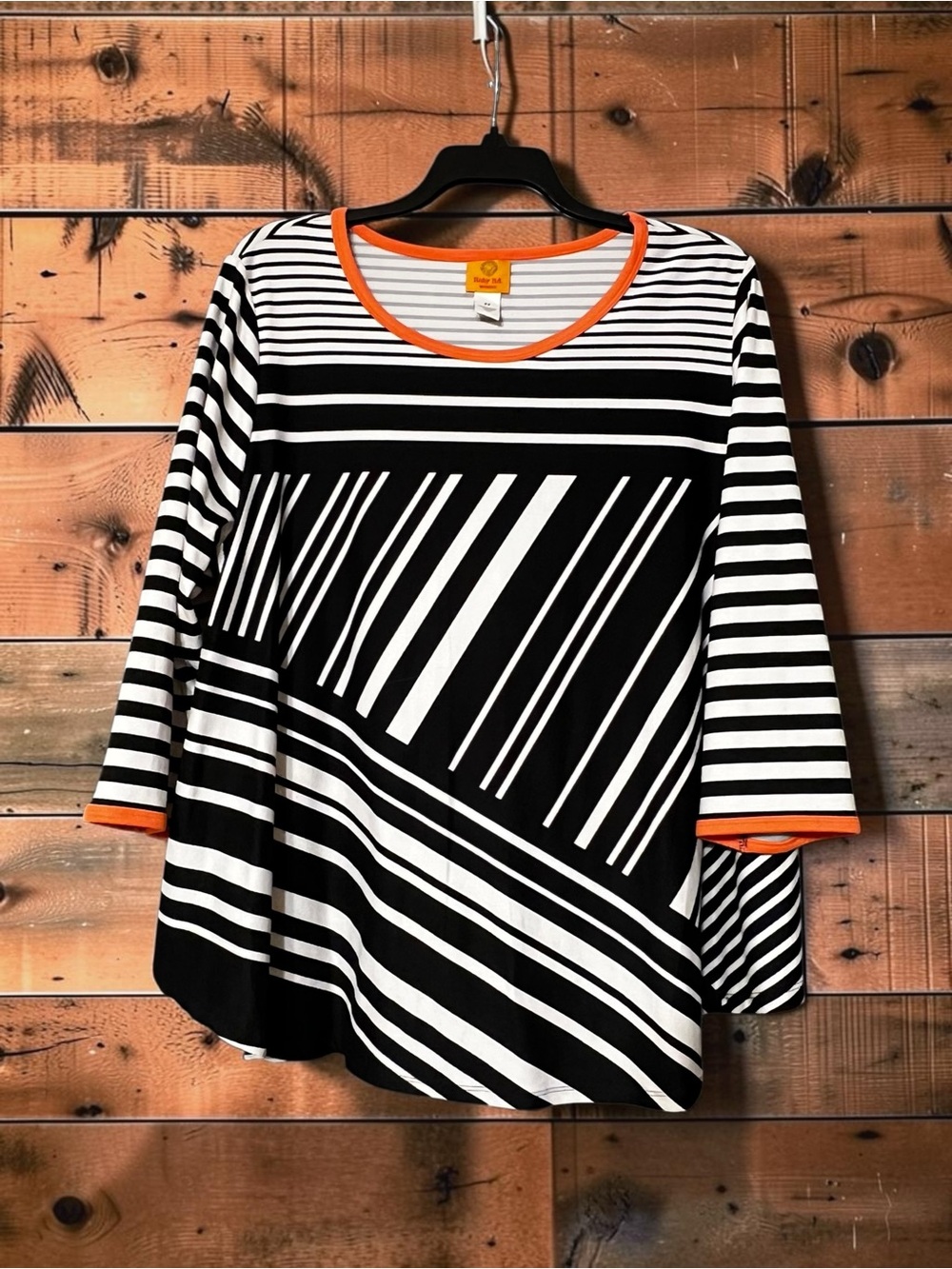 Ruby Rd. Black & White Striped Long Sleeve Top with Orange Trim